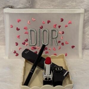 Dior Red Lipstick, Felt Eyeliner, and White Mesh Embroidered Pouch Set